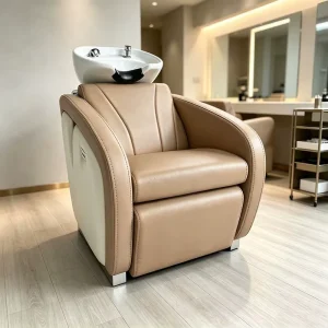 Luxury Semi Reclining Salon Shampoo Chair Wide Comfort Seat Ceramic Wash Basin Backwash Hair Washing Chair