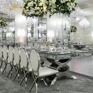 Luxury Silver Mirror Stainless Steel Rectangular Wedding Dining Table with Glass Top for Banquet Hall Hotel Event Party Decor