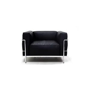 Luxury Single Seater Sofa Black Leather Upholstery Chrome Steel Structure Minimalist Design Accent Chair for Home Decor