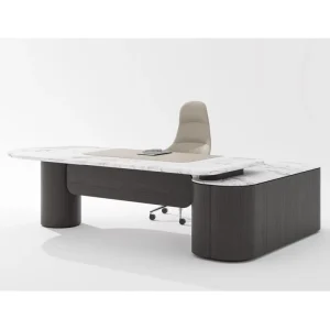 Luxury Solid Wood & Marble Surfaced L Shaped Executive Office Desk with File Drawer