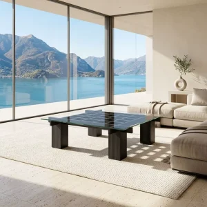 Luxury Square Glass Top Coffee Table Solid Ash Wood Interlocking Base Modern Durable Centerpiece Bespoke Customization Interior