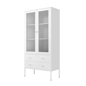 Luxury Tall Steel Storage Cabinet with 2 Fluted Glass Doors and 2 Drawers for Executive Office