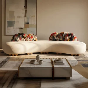 Luxury Three Seat Curved Boucle Sofa with Multicolor Fur Upholstered Cushions Modern Fabric Sofa for Apartment Villa and Hotel Use
