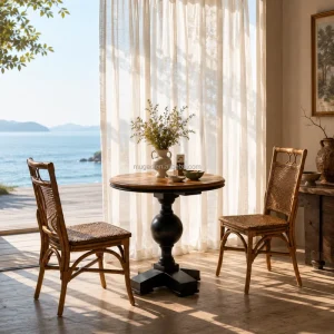 Luxury Tropical Resort Wooden Dining Chair and Table Set Retro Rattan Bistro Cafe Chairs for Balcony Hotel Restaurant Furniture
