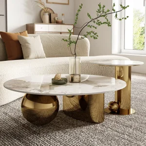 Luxury Two Coffee Table Set with Gold Stainless Steel Frame Marble Top Modern Living Room Center Table Furniture