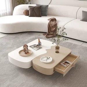Luxury Two Tone Organic Coffee Table Staggered Height Drawer Storage Cream Beige Custom for Living Room