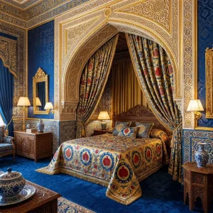 Luxury Uzbekistan Hotel Furniture Hotel Bedroom Furniture Set with Ganch Carving Details and Sand Color Finish