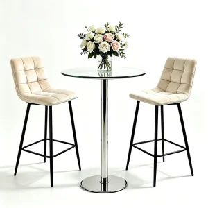 Luxury Velvet Padded Bar Stool with Square Grid Tufted Backrest for Home Cafe Hotel Bar