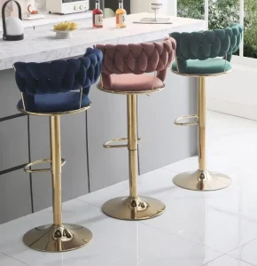 Luxury Velvet Woven Kitchen Bar Stools Gold Metal Leg Base Swivel Bar Chair for Pubs Dining Room