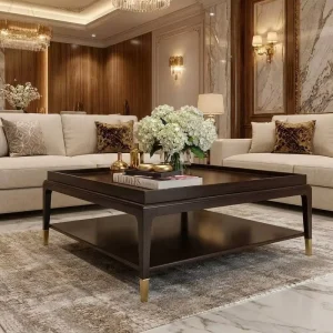 Luxury Villa Italian Style Square Coffee Table Dark Lacquer Wood Veneer Gold Steel Ferrules for Palace Home Decor