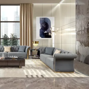 Luxury Villa Leather Chesterfield Three Seater Plush Sofa Set with Gold Stainless Steel Decoration Living Room Leather Sofa