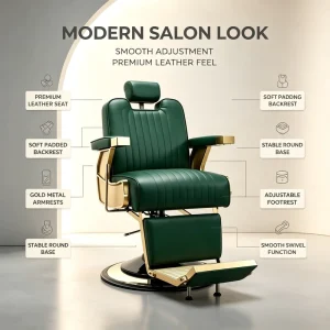 Luxury Vintage Green Barber Chair Gold Frame Hydraulic Reclining Salon Hair Cutting Chair with Headrest Footrest for Barbershop