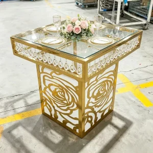 Luxury Wedding Banquet Gold Stainless Steel Square Rose Base Tempered Glass Crystal Cake Table Event Rental