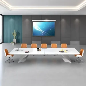 Luxury White Conference Table and Chair Set Automotive Lacquer 8cm Top 500kg E1 Eco 12 Sizes Custom Color OEM Meeting