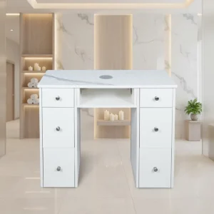 Luxury White Gold Double Nail Art Salon Furniture Professional Wood Solid Manicure Table PET Surface Modern Design