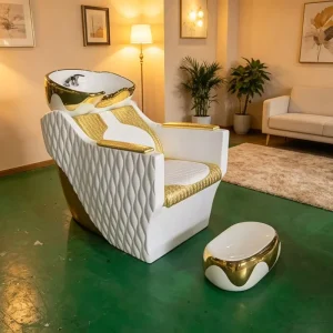 Luxury White Gold Shampoo Chair with Footrest Modern Hair Salon Shampoo Bed with Ceramic Bowl