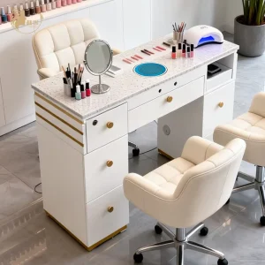 Luxury White Marble Nail Table with Built in Dust Collector Modern Manicure Station with Gold Ample Storage for Beauty Salon