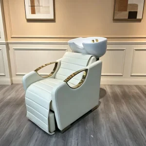 Luxury White Shampoo Chair with Gold Armrests Modern Ergonomic Backwash Unit for Salon Spa