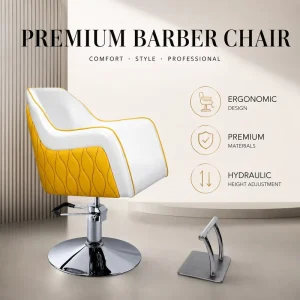 Luxury White Yellow Salon Styling Chair Hydraulic Barber Chair with Round Base Footrest Color Block Upholstery Design