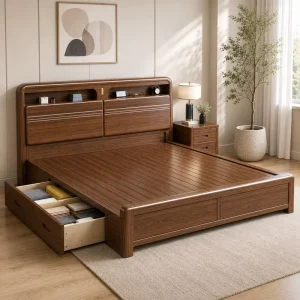 Luxury Wood Bed Frame with End Opening Storage for Modern Hotel Bedroom Projects