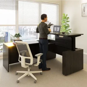 Luxury Wooden Executive L Shaped Office Desks with Cabinet Drawers Stand up Desk Adjustable Height Electric Standing Table