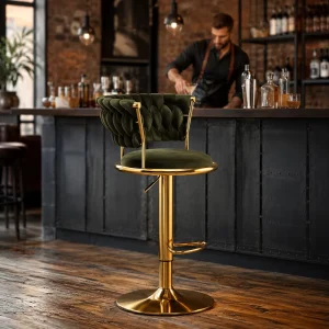 Luxury Woven Backrest Gold Metal Base Swivel Adjustable Height Velvet Kitchen Island Bar Stool