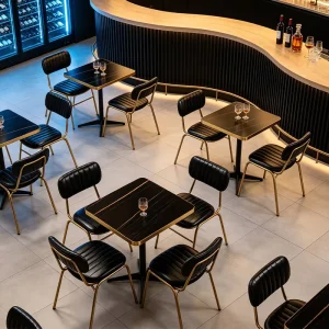 Luxury style Restaurant Furniture Featuring Black and Gold colored Tables and Chairs Customizable Sizes Available