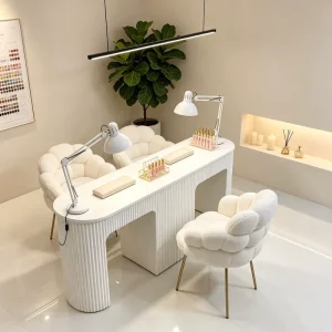 M2 Luxury Modern Nail Bar & Salon Double Curved Wood Manicure Table with Dust Collector Multi Storage Ready-to-Use