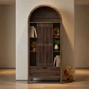 MDF Walnut Veneer Arched Cabinet Tall Bookcase Living Room Dining Room Storage Cabinet Console Cabinet With Storage