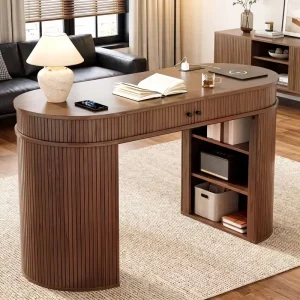 MOQ 100 Mid Century Modern Fluted Computer Desk Laptop Study Table With Sliding Door Storage Charging Station for Small Spaces