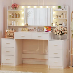 Make up Table Vanity Desk Large with Mirror & Lights White 8 Drawers & 6 Storage Shelves Vanity Set with Lights and Power Outlet