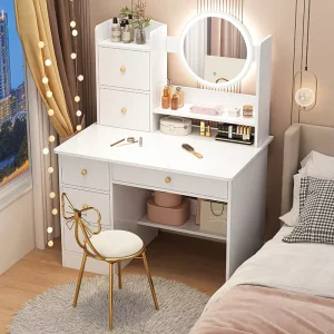 Makeup Vanity Desk with LED Round Mirror Drawers and Storage Shelves Modern Makeup Dressing Table with Butterfly Stool for Bedroom