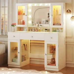 Makeup Vanity Desk with Mirror and Lights 4 Cabinets Power Outlet & 3 Drawer 3 Color Lighting Make up Table
