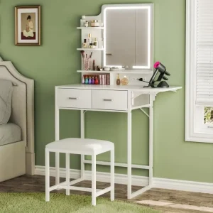 Makeup Vanity Desk with Mirror and Lights Fabric Storage Drawer Shelves Fold up Panel and Power Outlet for Bedroom Cream White