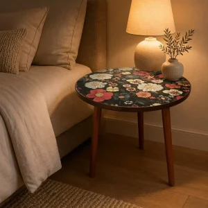 Mandala Border Small Round Coffee Table Wood Modern Decorative Side End Table for Living Room Bedroom Home Office