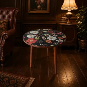 Mandala Border Small Round Wood Coffee Table Modern Decorative Side End Stool for Living Room Bedroom Home Office