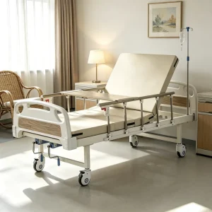 Manual Double Crank Hospital Bed Beige Medical Patient Bed with Dining Table Guardrails IV Pole