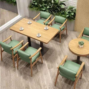 Manufacturer Coffee Shop Solid Wood Frame Dining Table and Chairs Leather Sofa Booth Armchair Commercial Furniture Set