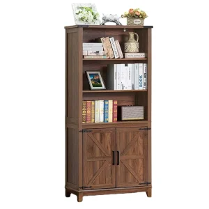 Manufacturer Custom Modern Farmhouse Bookshelf with Barn Style Doors Industrial Storage Cabinet Tall Wood Display Unit