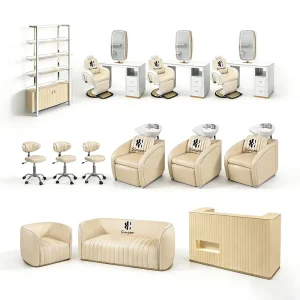 Manufacturer Modern Beauty Salons Furniture Set Barber Chair and Mirror Shampoo Chair Waiting Area Sofa Reception Desk