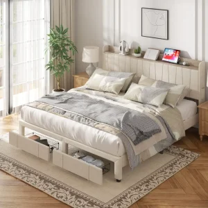 Manufacturers’ Modern Smart Solid Wood Soft Bed Upholstered Bedroom Furniture Set with Double Drawers and USB Charging Port