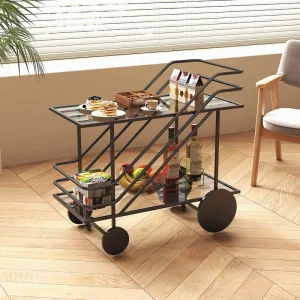 Maokangyun MC4 Double layer Glass Metal European Style Durable 4 Wheel Movable Commercial Beverage Cart Storage Shelves Hotel