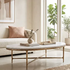 Marble Round Coffee Table Modern Luxury Living Room Center Table with Golden Metal Base and White Stone Top
