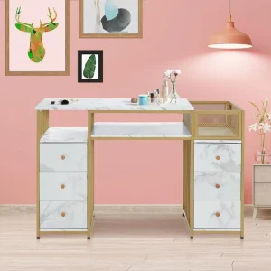 Marble Textured Nail Anti Acetone Office Desk Nail Table with Metal Frame Nail Salon Station Beauty Storage Box