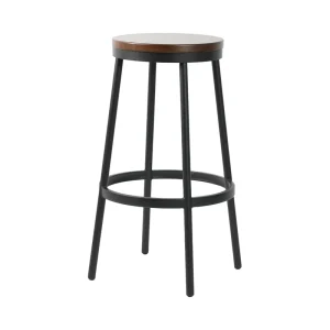 Matt Black Backless Barstool with Metal Frame and Solid Wood Seat