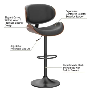 Matte Black Metal Base Leather Bar Chair Ergonomic Contoured Walnut Wood Swivel Counter Stool for High End Bar