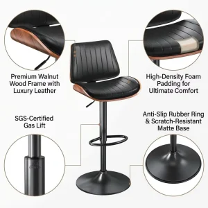 Matte Black Metal Base Leather Bar Chair with Walnut Wood Frame High Density Swivel Counter Stool for Bar