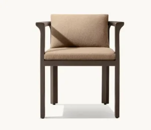 Matte Coffee Square Tube Aluminum Outdoor Dining Chair Straight Flat Arm Boucle Textured Detachable Cushion Dining Chair
