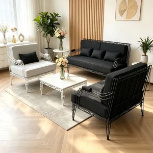 Matte White Twisted Wire Metal Midcentury Modern Accent Chair Light Grey Fabric Padded Single Lounge Armchair Apartment Mall