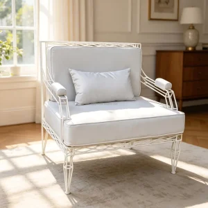 Matte White Twisted Woven Metal Frame Midcentury Modern Accent Chair Faux Leather Padded Armchair Apartment Hotel Living Room